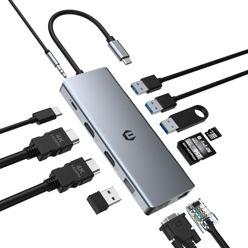 OBERSTER USB C Hub 12 in 1 Adapter mit dreifachem Display, einschließlich 2 HDMI, VGA, 100W PD, 2 USB 3.0, 2 USB 2.0, Ethernet, SD/TF-Kartenleser, Mikrofon/Audio Kompatibel mit Laptop von OBERSTER