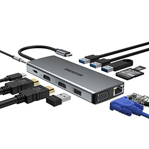 USB C Hub Dual HDMI Adapter, 12-in-1 USB C Docking Station Triple Display mit 100W PD/2xHDMI 4K/VGA/Ethernet/4xUSB/SD/TF, Mic/Audio kompatibel für MacBook Pro Air von OBERSTER