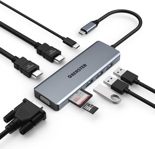 USB C Hub mit dreifachem Display inklusive 2x4K HDMI, VGA, 100 PD, 3 USB 3.0, SD/TF Kartenleser OBERSTER 9 in 1 USB C Adapter für Laptop, Windows und Tablets und andere USB Typ C Laptops von OBERSTER