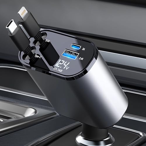 OBEST Einziehbares Auto Ladegerät, 100W Handy Schnellladegerät, Zigarettenanzünder Adapter mit Aufrollbare Kabel (2.6Ft) und 2 USB Ports mit iPhone/Galaxy/Sumsang/Google Pixel/Huawei von OBEST