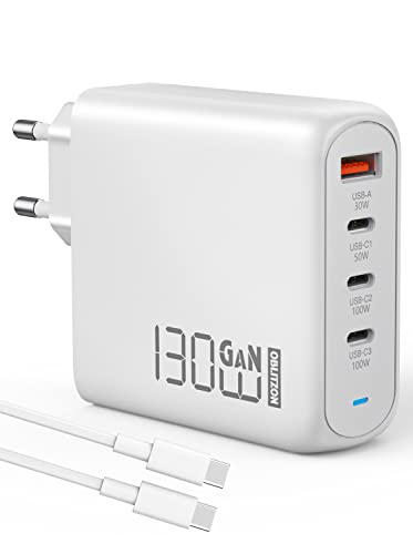 130W USB C Ladegerät, Type C PD 100W+QC 30W PPS GaN Netzteil mit 100W Schnellladekabel 4-Port USB C Netzteil für MacBook Pro/Air, Dell XPS 15, Google, iPhone 14/13, iPad Pro, Galaxy S22, S21 von OBLITZON