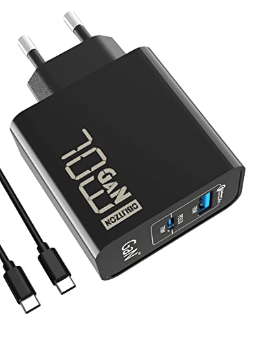 70W USB C Ladegerät, Type C PD GaN Netzteil mit 100W Schnellladekabel 2-Port USB C Netzteil (Funktioniert mit 65W) für MacBook Pro/Air, Dell XPS 15, Google, iPhone 14/13, iPad Pro, Galaxy S22, S21 von OBLITZON