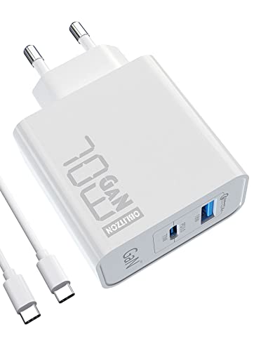 70W USB C Ladegerät, Type C PD GaN Netzteil mit 100W Schnellladekabel 2-Port USB C Netzteil (Funktioniert mit 65W) für MacBook Pro/Air, Dell XPS 15, Huawei, iPhone 14/13, iPad Pro, Galaxy S22, S21 von OBLITZON