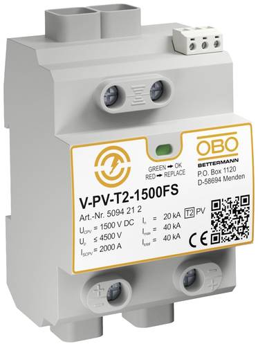 OBO Bettermann 5094212 V-PV-T2-1500+FS Überspannungsableiter 40 kA 1St. OBO Bettermann 5094212 V-PV-T2-1500+FS Überspannungsableiter 40 kA 1St. von OBO Bettermann