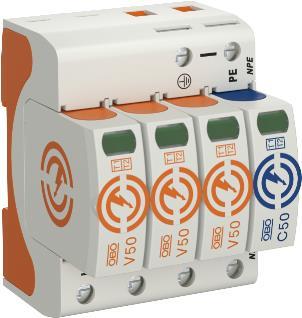 Obo Bettermann V50-3+NPE-280. Spitzenstrom-Common-Modus: 80000 A. Produktfarbe: Orange, Weiß. Gewicht: 588 g, Breite: 71,2 mm, Tiefe: 73 mm. Zertifizierung: CE. Material: Kunststoff (5093526) von OBO Bettermann