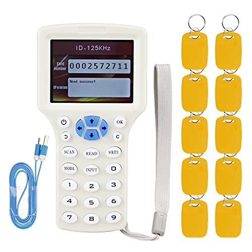 OBO HANDS Englischer RFID-NFC-Kopierer-Lesegerät, 10 Frequenz-Programmierer mit Farbbildschirm + 10 gelbe 125 kHz/13,56 MHz Dual-Frequenz-beschreibbare Schlüsselanhänger von OBO HANDS