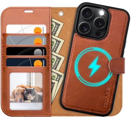 OCASE iPhone 16 Pro Max Hülle(2in1) Leder Stoßfestes Case, Abnehmbare magnetische Hülle, MitHandschlaufe, Kabelloses Laden, Kartenfach, Standfunktion, Handyhülle RFID Schutzhülle Klapphülle Braun von OCASE