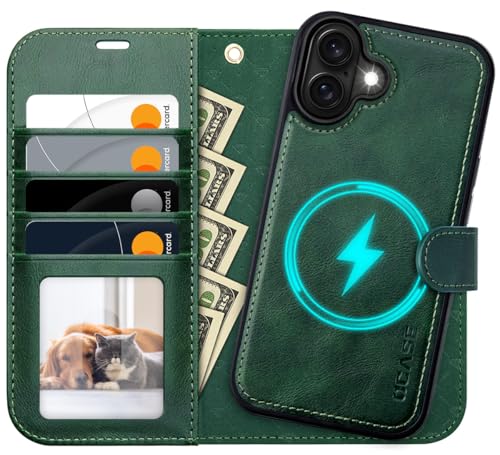 OCASE iPhone 16 Plus Hülle(2in1) Leder Stoßfestes Case, Abnehmbare magnetische Hülle, MitHandschlaufe, Kabelloses Laden, Kartenfach, Standfunktion, Handyh RFID Schutzh Klapphülle Dunkelgrün von OCASE
