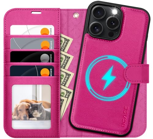 OCASE iPhone 16 Pro Max Hülle(2in1) Leder Stoßfestes Case, Abnehmbare magnetische Hülle, MitHandschlaufe, Kabelloses Laden, Kartenfach, Standfunktion, Handyhülle RFID Schutzhülle Klapphülle Rosarot von OCASE