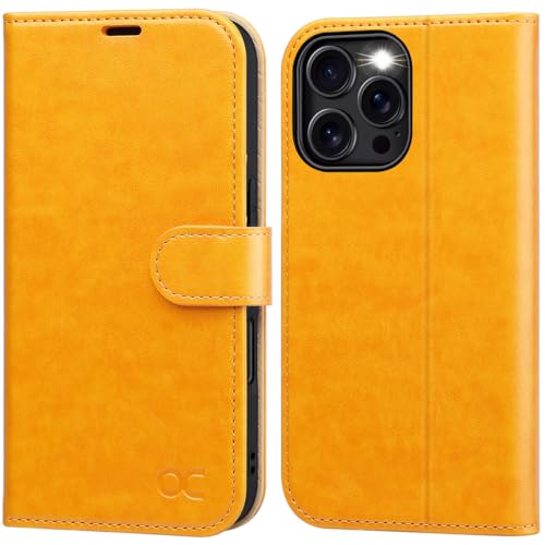 OCASE iPhone 16 Pro Max Hülle Handyhülle Premium PU Leder, Kartenfach Standfunktion, RFID Mahutzhülle Klapphülle Tasche Lederhülle Kompatibel für iPhone 16 Pro Max (6,9 Zoll) Mandarinengelb von OCASE