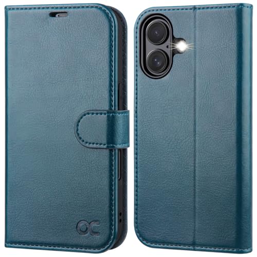 OCASE iPhone 16 Plus Hülle Handyhülle Premium PU Leder, Kartenfach Standfunktion, RFID Pfhutzhülle Klapphülle Handytasche Lederhülle Kompatibel für iPhone 16 Plus (6,7 Zoll) Pfauenblau von OCASE