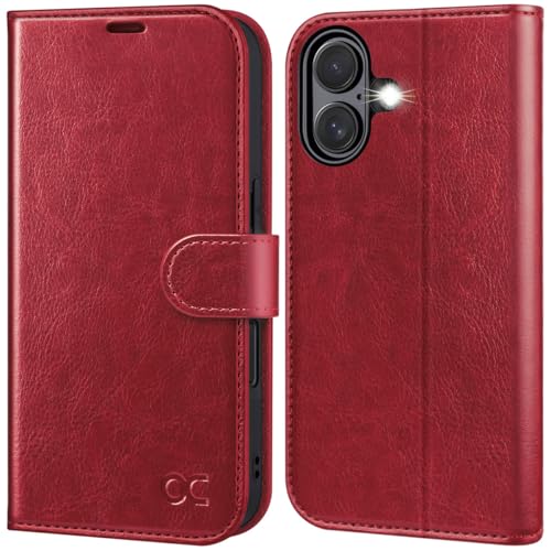 OCASE iPhone 16 Plus Hülle Handyhülle Premium PU Leder, Kartenfach Standfunktion, RFID Rohutzhülle Klapphülle Handytasche Lederhülle Kompatibel für iPhone 16 Plus (6,7 Zoll) Rot von OCASE
