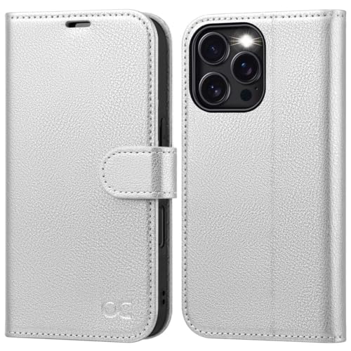 OCASE iPhone 16 Pro Max Hülle Handyhülle Premium PU Leder, Kartenfach Standfunktion, RFID Sihutzhülle Klapphülle Handytasche Lederhülle Kompatibel für iPhone 16 Pro Max (6,9 Zoll) Silbrig von OCASE