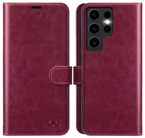 OCASE Handyhülle für Samsung Galaxy S24 Ultra 5G Hülle Premium Leder Flip Klappbare Klapphülle Stoßfeste Magnetische [Standfunktion] [Kartenfächern] Schutzhülle für Samsung S24 Ultra Tasche Burgundy von OCASE