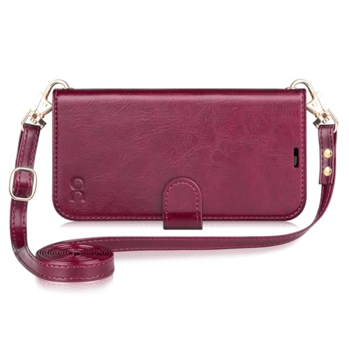 OCASE iPhone 16 Pro Max Hülle mit Handykette, Band Längenverstellbar, Handyhülle zum Umhängen, Lederhülle mit Kordel Schnur abnehmbar in Burgundy von OCASE