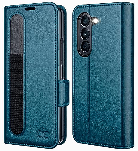 OCASE Hülle Samsung Galaxy Z Fold 5 5G Handyhülle mit [S Pen Halter] [Grenzschutz] [Premium PU Leder] [Kartenfach] RFID Schutz Lederhülle Kompatibel für Galaxy Z Fold5 Pfauenblau von OCASE