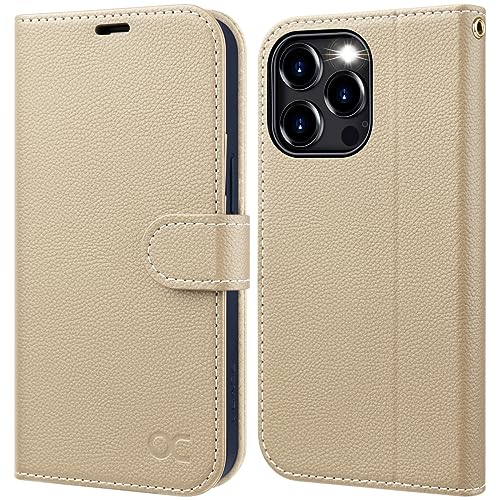 OCASE Hülle für iPhone 15 Pro Leder Handyhülle [Premium PU Leder] [Standfunktion] [Kartenfach] RFID Schutzhülle Klapphülle Case Cover Etui Kompatibel für iPhone 15 Pro Aprikose Litschi von OCASE