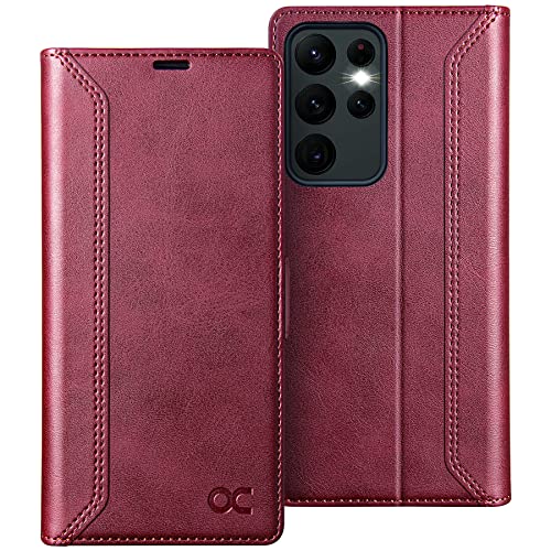 OCASE Retro Hülle für Samsung Galaxy S23 Ultra Handyhülle Tasche PU Leder Flip Cover Brieftasche Etui RFID Schutzhülle Lederhülle Klapphülle Kompatibel für Galaxy S23 Ultra Burgundy 6,8 Zoll von OCASE