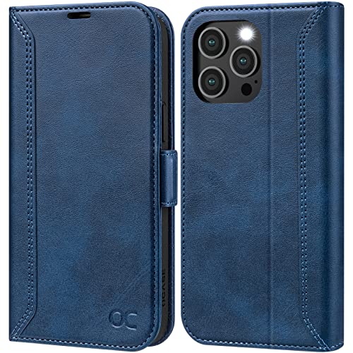 OCASE Retro Hülle für iPhone 14 Pro 5G Handyhülle Tasche PU Leder Brieftasche Etui RFID Schutzhülle Lederhülle Klapphülle Kompatibel für iPhone 14 Pro 5G DREI-Loch-Kamera (6,1 Zoll) Blau von OCASE