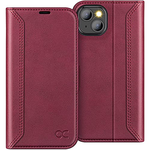 OCASE Retro Hülle iPhone 13 Handyhülle Schutzhülle Klapphülle Handytasche Lederhülle Flip Case Cover Tasche Etui Kompatibel für iPhone 13 5G Burgundy 6,1 Zoll von OCASE