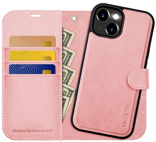 OCASE iPhone 15 Hülle(2in1) Leder Stoßfestes Case [Abnehmbare magnetische Hülle] [Kabelloses Laden] [Kartenfach] Handyhülle RFID Schutzhülle Etui Klapphülle Pink 6,1 Zoll von OCASE