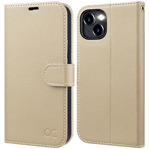 OCASE iPhone 15 Hülle Handyhülle [Premium PU Leder] [Kartenfach] [Standfunktion] RFID Schutzhülle Klapphülle Handytasche Lederhülle Kompatibel für iPhone 15 Aprikose Litschi von OCASE