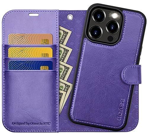 OCASE iPhone 15 Pro Hülle(2in1) Leder Stoßfestes Case [Abnehmbare magnetische Hülle] [Kabelloses Laden] [Kartenfach] iPhone Handyhülle RFID Schutzhülle Etui Klapphülle Lila 6,1 Zoll von OCASE