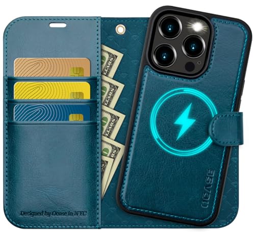OCASE iPhone 15 Pro Max Hülle(2in1) Leder Stoßfestes Case [Abnehmbare magnetische Hülle] [Kabelloses Laden] [Kartenfach] Handyhülle RFID Schutzhülle Etui Klapphülle Pfauenblau 6,7 Zoll von OCASE