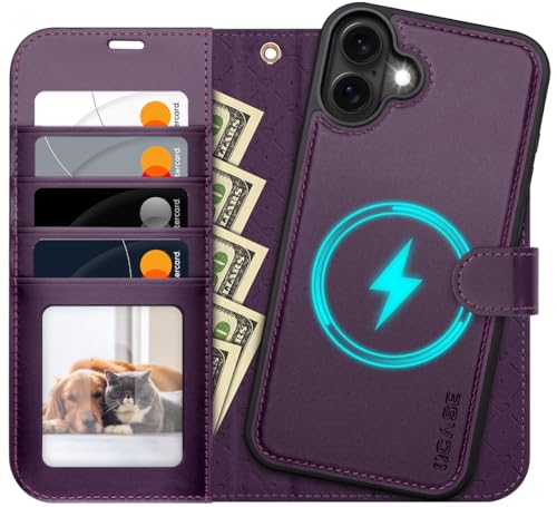 OCASE iPhone 16 Plus Hülle(2in1) Leder Stoßfestes Case, Abnehmbare magnetische Hülle, MitHandschlaufe, Kabelloses Laden, Kartenfach, Standfunktion, Handy RFID Schutzhülle Klapphülle Dunkel violett von OCASE