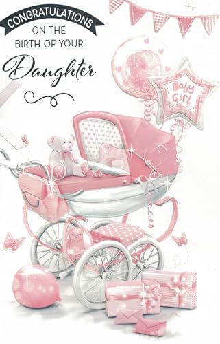 Glückwunschkarte für Neugeborene für Mädchen, rosa Kinderwagen-Design mit Wimpelkette und Luftballons von OCCASIONS EXPRESS