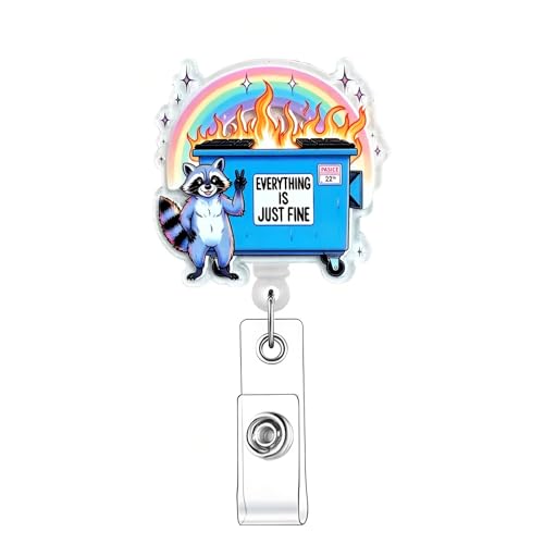 Everything is Fine Waschbär-Mülleimer, glitzernd, einziehbar, mit Ausweis-Clip, Namensschild, Karte, lustiges Müllcontainer, Feuer, Geschenk für Krankenschwestern, Büroangestellte, Medizinstudenten von OCOUYVD