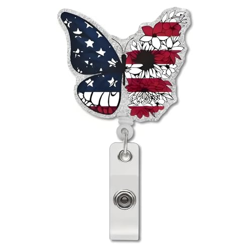 Glitzer-Abzeichenspule zum 4. Juli, einziehbar, USA-Flaggen-Design, Schmetterling, Acryl, Krokodilklemme für Krankenschwestern, Krankenschwestern, Lehrer, RN LPN CNA MA Medizinisches Arbeiter-Zubehör von OCOUYVD