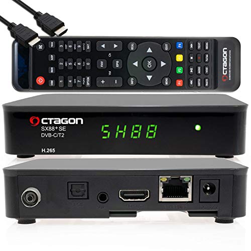 OCTAGON SX88+ SE H.265 HD Mini Hybrid-Receiver C/T2+ Smart IPTV Box schwarz – DVB-C/DVBT 2, USB-Recorder, Media-Player, LAN, gratis HDMI-Kabel, 12V für Camping, IR-Empfänger von OCTAGON