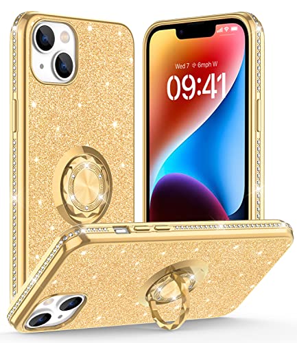 OCYCLONE Kompatibel mit iPhone 14 Hülle 6,1 Zoll, Glitzer Sparkle Diamond Cover mit Ring Ständer Schutzhülle Kompatibel für iPhone 14 Hülle für Frauen Mädchen - Gold von OCYCLONE