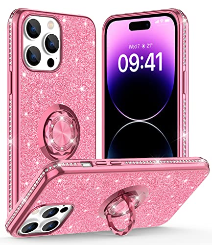 OCYCLONE Kompatibel mit iPhone 14 Pro Hülle 6,1 Zoll, Glitzer Sparkle Diamant Hülle mit Ring Ständer Schutzhülle Kompatibel für iPhone 14 Pro Hülle für Frauen Mädchen - Rosa von OCYCLONE