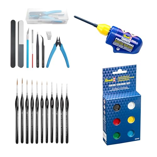 Revell Contacta Modellkleber mit Modellbau-Werkzeug-Set, Revell Basisfarb-Set und Premium-Pinsel-Set mit feinen Details, ideal für Kunststoff-Modellbau, 24 g Kleber, 9-teiliges Werkzeugset, 11 Pinsel, Revell Contacta Modellkleber mit Modellbau-Werkzeug-Set, Revell Basisfarb-Set und Premium-Pinsel-Set mit feinen Details, ideal für Kunststoff-Modellbau, 24 g Kleber, 9-teiliges Werkzeugset, 11 Pinsel, von ODN Gift Supplies