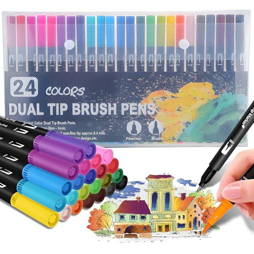 OEEYYT Dual Brush Pen Set 24 Farben Pinselstifte Filzstifte Dicke und Dünne Marker Aquarell Fineliner Set für Erwachsene Und Kinder, für Ausmalen Zeichnen Diy Scrapbooking Journaling von OEEYYT
