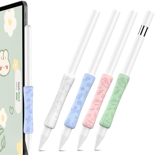 OFELUMTIZE 4 Stück Apple Pencil Griff Blumen Gravierte Silikon Apple Pencil Hülle Grip Kompatibel mit Apple Pencil Pro, Apple Pencil2. Generation und Apple Pencil USB-C (Weiß/Blau/Rosa/Grün) von OFELUMTIZE