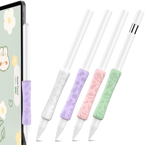 OFELUMTIZE 4 Stück Apple Pencil Griff Blumen Gravierte Silikon Apple Pencil Hülle Grip Kompatibel mit Apple Pencil Pro, Apple Pencil2. Generation und Apple Pencil USB-C (Weiß/Violett/Rosa/Grün) von OFELUMTIZE