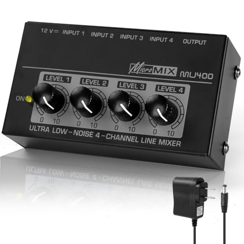 OFFCUP 4-Kanal Audio Mixer, Mini Audio Mixer Line Mixer Rauscharm Line-Mischer, Kleinmischpult für Mikrofone PC Gitarren Bass Bühne- Schwarz von OFFCUP