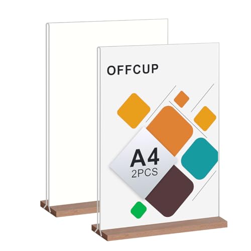 OFFCUP Acryl Display Ständer, 2 Stück Acryl Tischaufsteller A4 mit Holzfuß, T-Ständer Aufsteller Doppelseitiger Vertikaler Menükartenhalter für Restaurants, Cafés, Büros, Fotos von OFFCUP