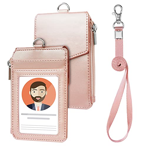 OFFCUP Ausweishülle, PU Leder ID Card Holder, Kartenhülle mit Schlüsselband Ausziehbar Ausweishülle, mit 1 Transparente ID Fenster eine Reißverschlussschicht und 4 Kartenfächern(Roségold) von OFFCUP