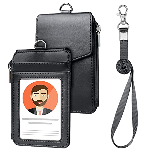 OFFCUP Ausweishülle, PU Leder ID Card Holder, Kartenhülle mit Schlüsselband Ausziehbar Ausweishülle, mit 1 Transparente ID Fenster eine Reißverschlussschicht und 4 Kartenfächern(Schwarz) von OFFCUP