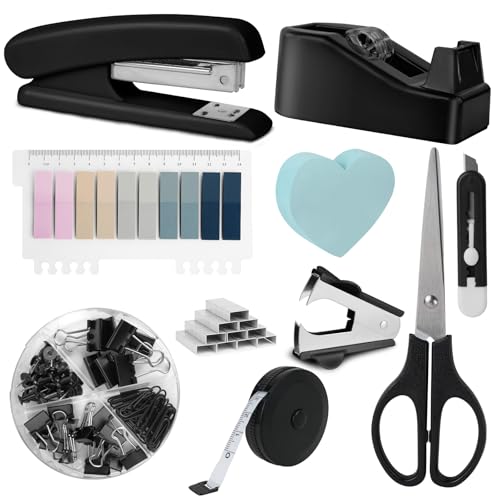 OFFCUP Büroartikel Set, Schreibtisch Set, Schreibtischzubehör 10 Kit mit Entklammerer, Heftklammern, Heftklammerentferner, Tesafilm Abroller, Schere, Bandmaß, Allzweckmesser, Clip, Haftnotizen-Schwarz von OFFCUP