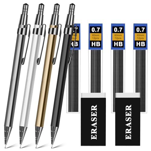 OFFCUP Druckbleistift Set, 4pcs 0.7mm Metall Mechanische Stifte, Metall Bleistifte mit 4 Tuben HB Bleistift Minen und 2 Stücke Radiergummis, für Studenten, Schreiben, Zeichnen von OFFCUP