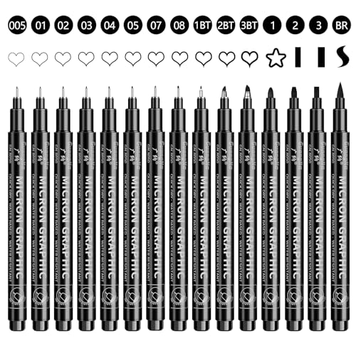 OFFCUP Fineliner Stifte Set, 15 Stück Schwarz Filzstiften, Pigment Liner Tuschestifte mit 15 Linienbreiten, Stifte für Künstler Stifte feiner Spitze zum Skizzieren, Illustrationen, Schreiben von OFFCUP
