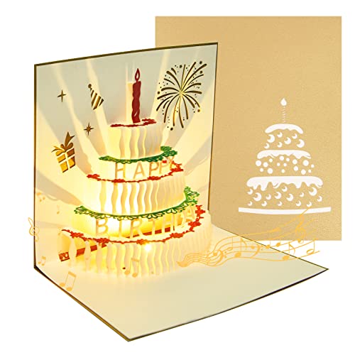 OFFCUP Geburtstagskarte mit Musik & Licht, Happy Birthday Karte, 3D Pop up Geburtstagskartem, Geburtstagsgrusskarte mit Umschlag, Geburtstag karte mit Torte Singende Geburtstagskarte Lustig von OFFCUP