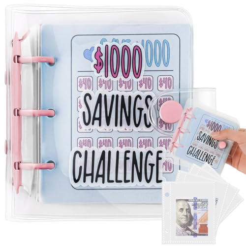 OFFCUP Geldsparender Ordner, 25 pcs Spar Challenge Ordner, 1000 Dollar Mini Binder Spar Challenge mit Geldumschlägen Budget Binder Sparbuch für den Budgetplaner und Zum Geldsparen (Rosa) von OFFCUP