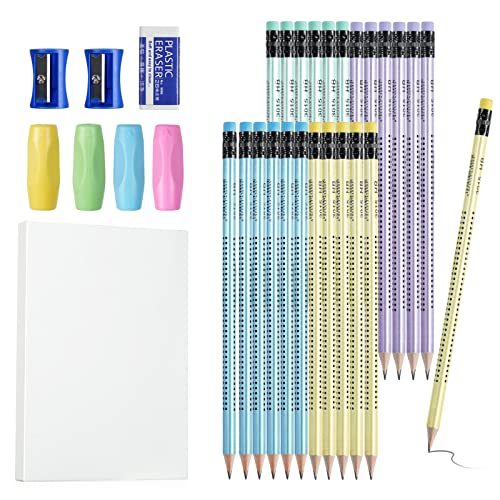 OFFCUP Graphitstift rutschfest, 24pcs Dreikant Bleistifte Kinder mit 4 Schreibhilfe & 2 Bleistiftspitzer, HB Bleistifte mit Radiergummi, Holzbleistifte für Schreiben Prüfungen Zeichnen und Skizzieren von OFFCUP