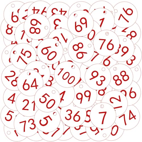 OFFCUP Gravierte Nummernschilder, 100 Stück Nummerierte Tags, Kunststoff Nummernschilder, Schlüsselanhänger Bienenstock-Etiketten mit Loch Viehbestand ID-Tags (Weiß Nummer 1-100) von OFFCUP